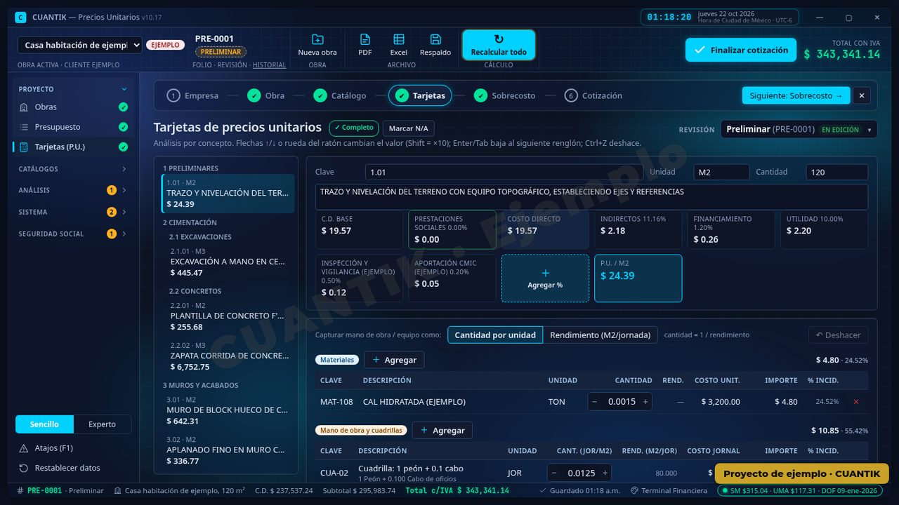 CUANTIK: Tarjetas de precios unitarios (proyecto de ejemplo)